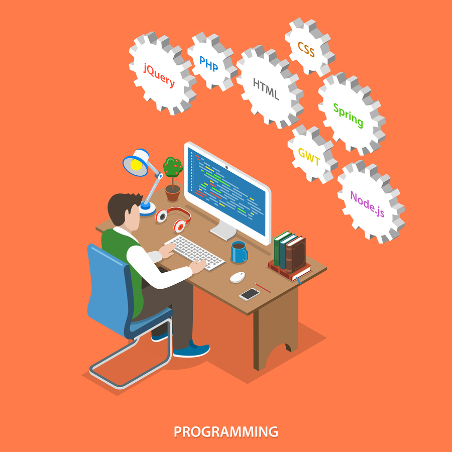 Illustration of a programmer building software at a desk